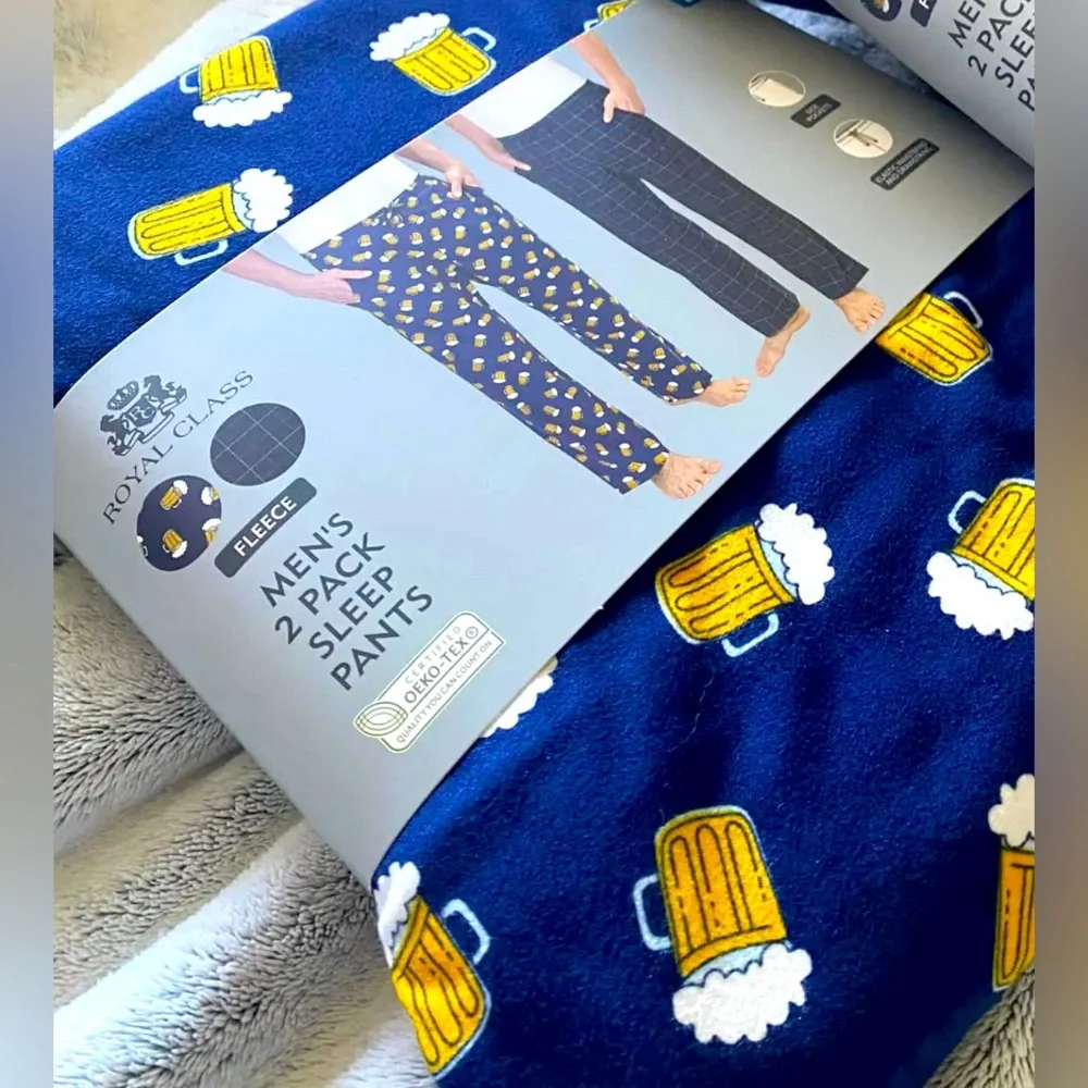 BRAND NEW MEN'S SLEEPWEAR PJ Lounge FLEECE PANTS 2 PACK Beer 🍺 and Plaid blue